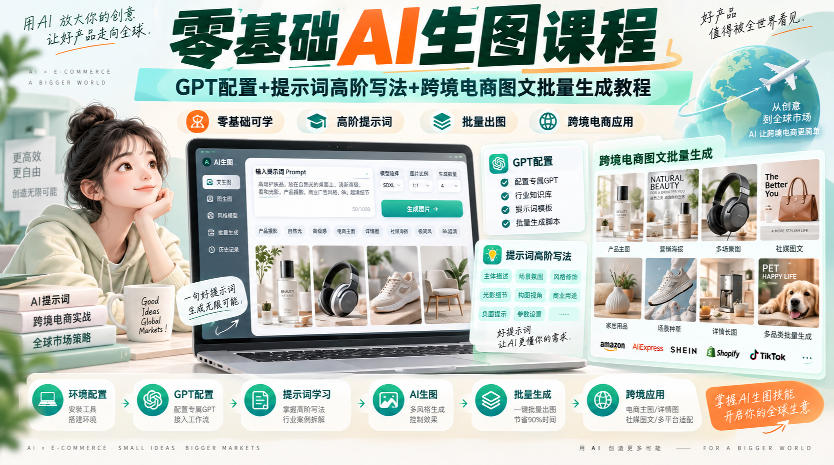 零基础AI生图课程,GPT配置+提示词高阶写法+跨境电商图文批量生成教程|无忧资源社
