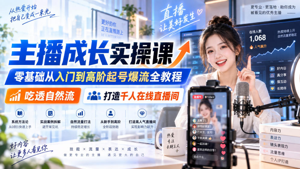 主播成长实操课｜零基础从入门到高阶起号爆流全教程，吃透自然流，打造千人在线直播间|无忧资源社
