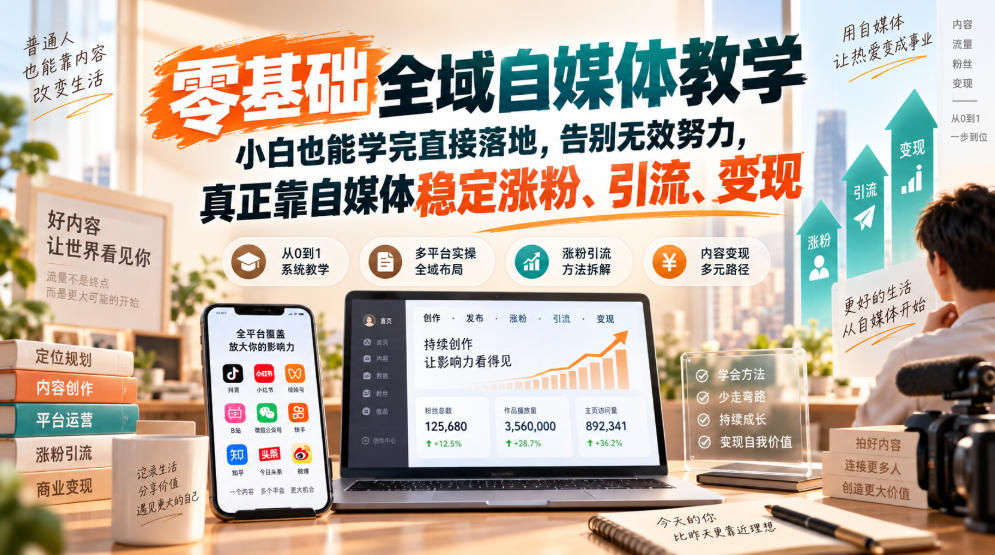 零基础全域自媒体教学，小白也能学完直接落地，告别无效努力，真正靠自媒体稳定涨粉、引流、变现|无忧资源社