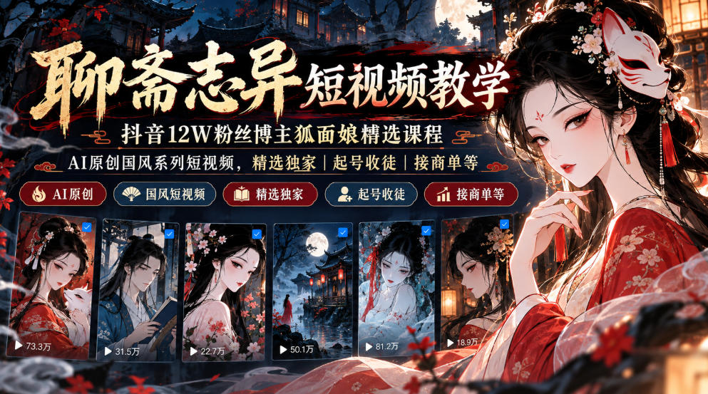 聊斋志异短视频教学，抖音12W粉丝博主狐面娘精选课程，AI原创国风系列短视频，精选独家丨起号收徒丨接商单等|无忧资源社