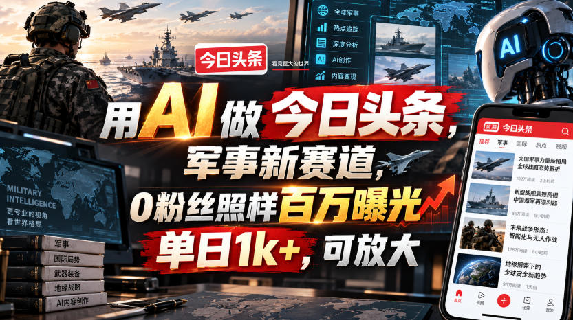用AI做今日头条，军事新赛道，0粉丝照样百万曝光，单日1k+，可放大|无忧资源社