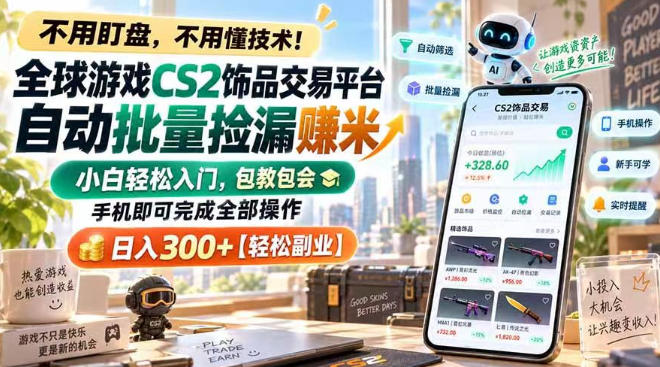 全球游戏CS2饰品交易平台自动批量捡漏賺米，小白轻松入门，包教包会，手机即可完成全部操作，日入300+【揭秘】|无忧资源社