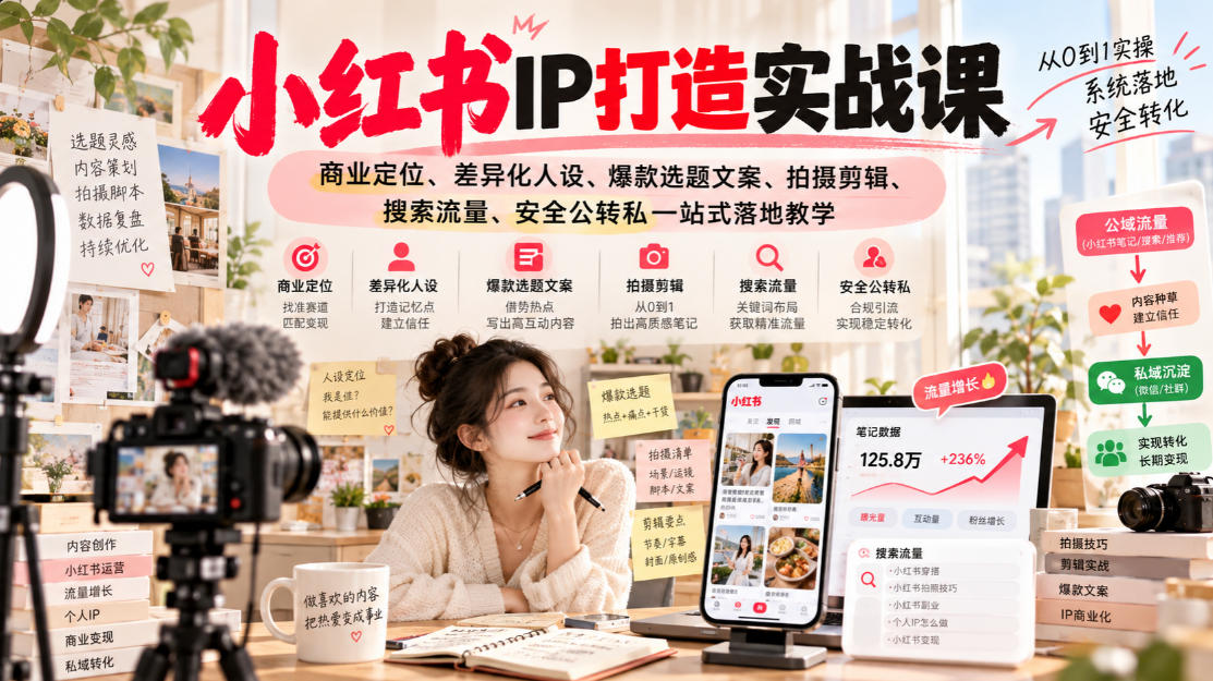 小红书ip打造实战课，商业定位、差异化人设、爆款选题文案、拍摄剪辑、搜索流量、安全公转私一站式落地教学|无忧资源社