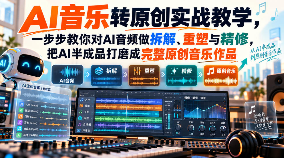 AI音乐转原创实战教学，一步步教你对AI音频做拆解、重塑与精修，把AI半成品打磨成完整原创音乐作品|无忧资源社