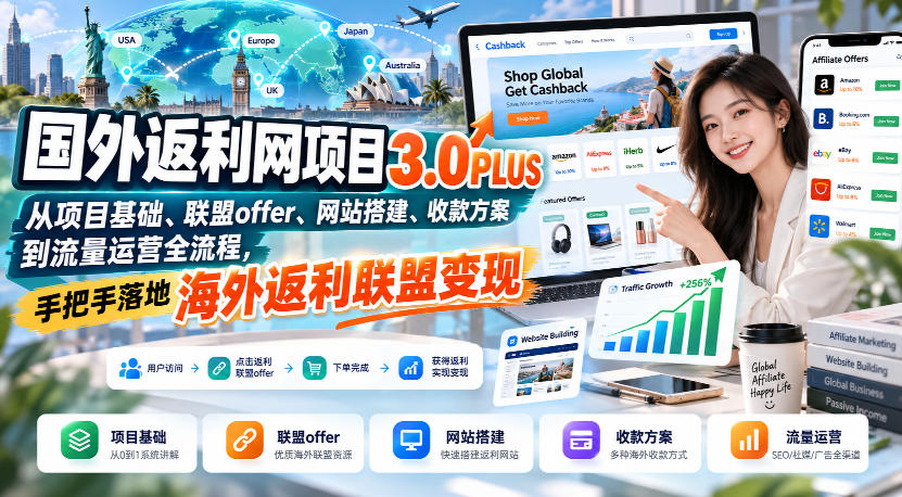 国外返利网项目3.0PLUS，从项目基础、联盟offer、网站搭建、收款方案到流量运营全流程，手把手落地海外返利联盟变现|无忧资源社