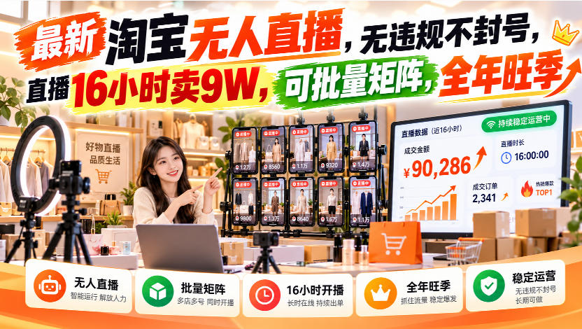 最新淘宝无人直播，无违规不封号，直播16小时卖9W，可批量矩阵，全年旺季【揭秘】|无忧资源社