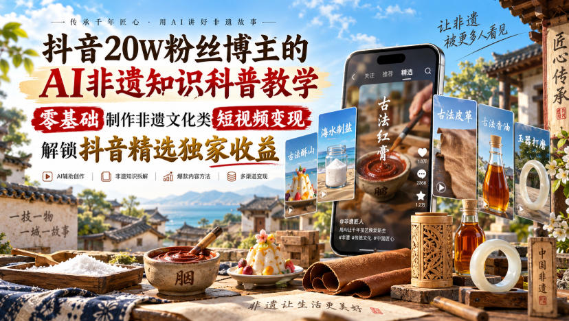 抖音20W粉丝博主的AI非遗知识科普教学,零基础制作非遗文化类短视频变现,解锁抖音精选独家收益|无忧资源社