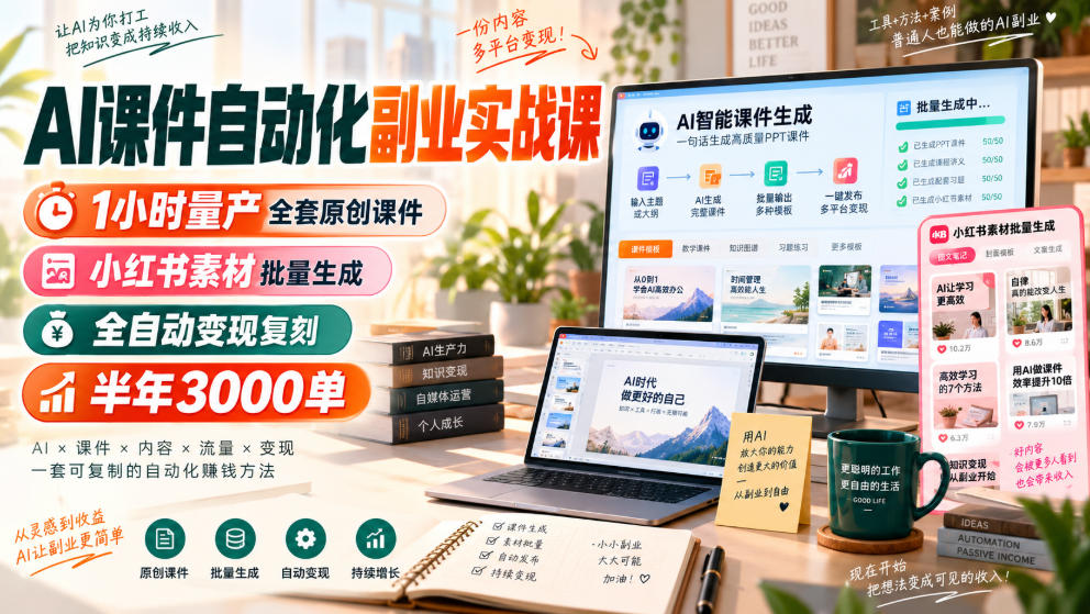 AI课件自动化副业实战课，1小时量产全套原创课件，小红书素材批量生成，全自动变现复刻，半年3000单|无忧资源社