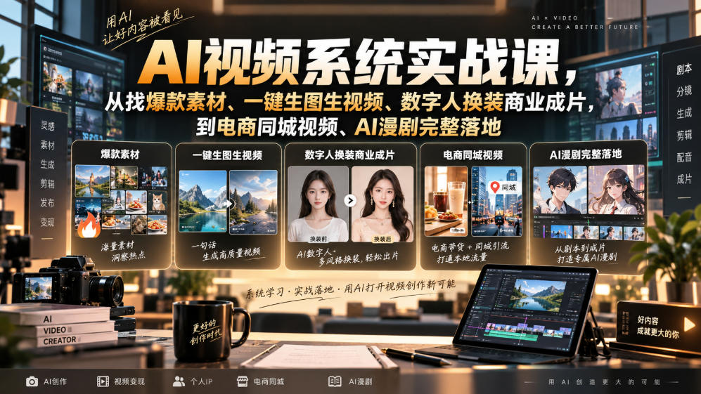 AI视频系统实战课，从找爆款素材、一键生图生视频、数字人换装商业成片，到电商同城视频、AI漫剧完整落地|无忧资源社