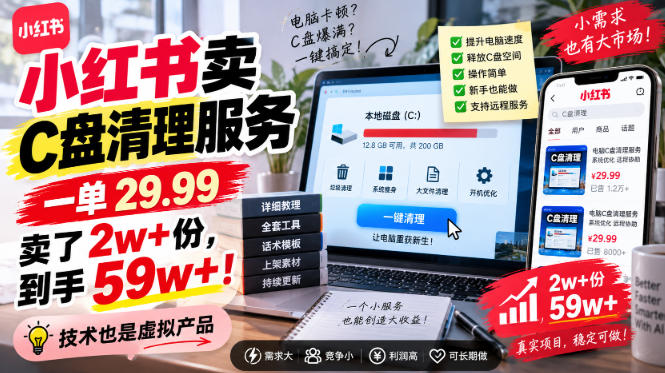 小红书卖C盘清理服务，一单29.99，卖了2w+份，技术也是虚拟产品|无忧资源社
