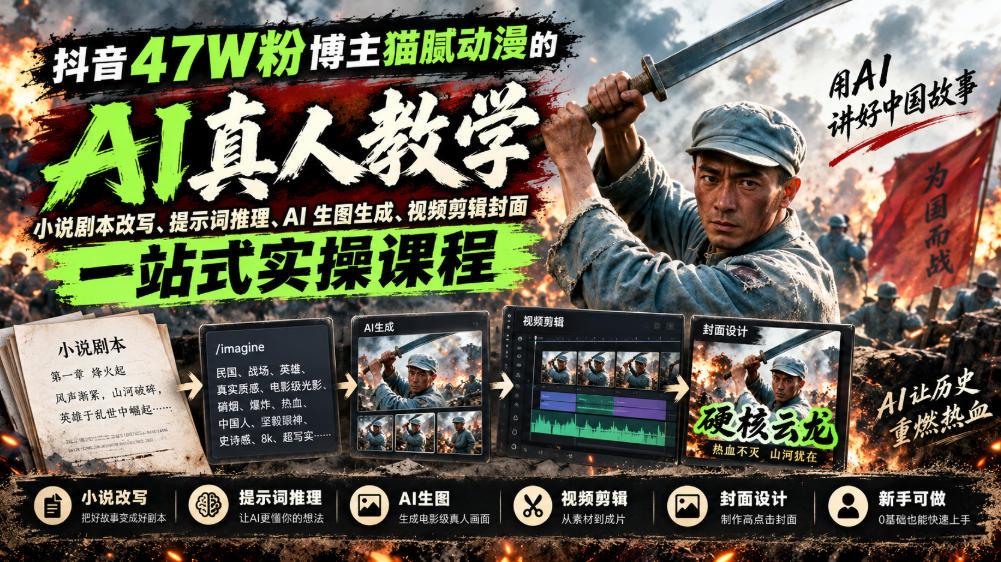 抖音47W粉博主猫腻动漫的AI真人漫剧教学，小说剧本改写、提示词推理、AI生图生成、视频剪辑封面一站式实操课程|无忧资源社