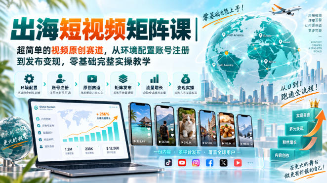 出海短视频矩阵课|超简单的视频原创赛道,从环境配置账号注册到发布变现,零基础完整实操教学|无忧资源社