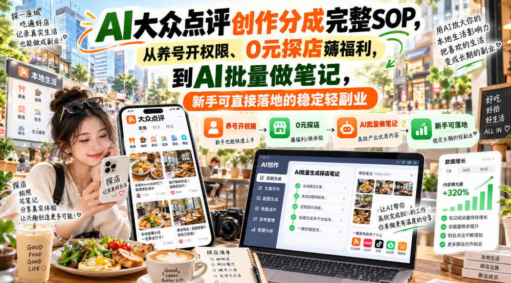 【无水印】AI大众点评创作分成完整SOP，从养号开权限、0元探店薅福利，到AI批量做笔记，新手可直接落地的稳定轻副业|无忧资源社