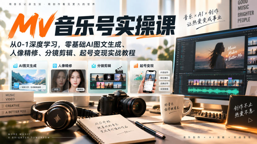 AI MV音乐号实操课,从0-1深度学习,零基础AI图文生成、人像精修、分镜剪辑、起号变现实战教程|无忧资源社