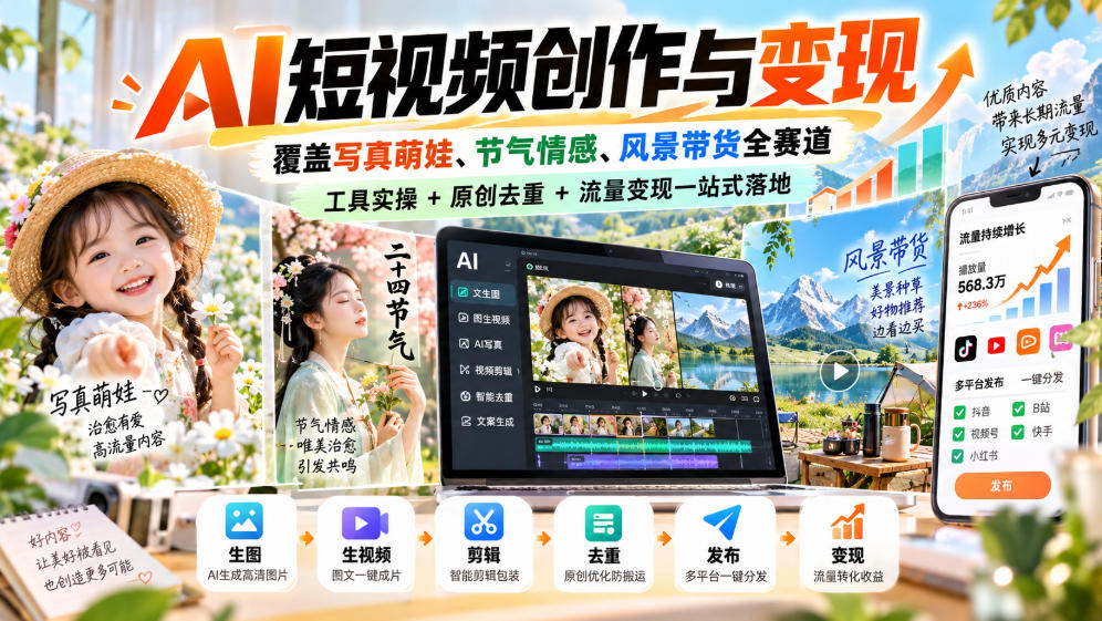 AI短视频创作与变现，覆盖写真萌娃、节气情感、风景带货全赛道，工具实操+原创去重+流量变现一站式落地|无忧资源社