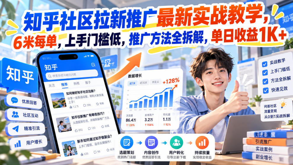 知乎社区拉新推广最新实战教学，6米每单，上手门槛低，推广方法全拆解，单日收益1K+！|无忧资源社