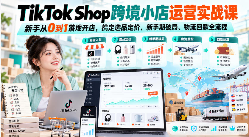 TikTok Shop跨境小店运营实战课，新手从0到1落地开店，搞定选品定价、新手期破局、物流回款全流程|无忧资源社