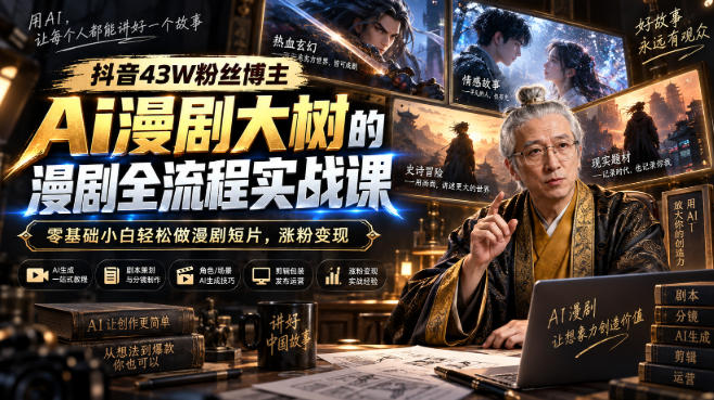 抖音43W粉丝博主Ai漫剧大树的漫剧制作全流程实战课，零基础小白轻松做漫剧短片，涨粉变现|无忧资源社