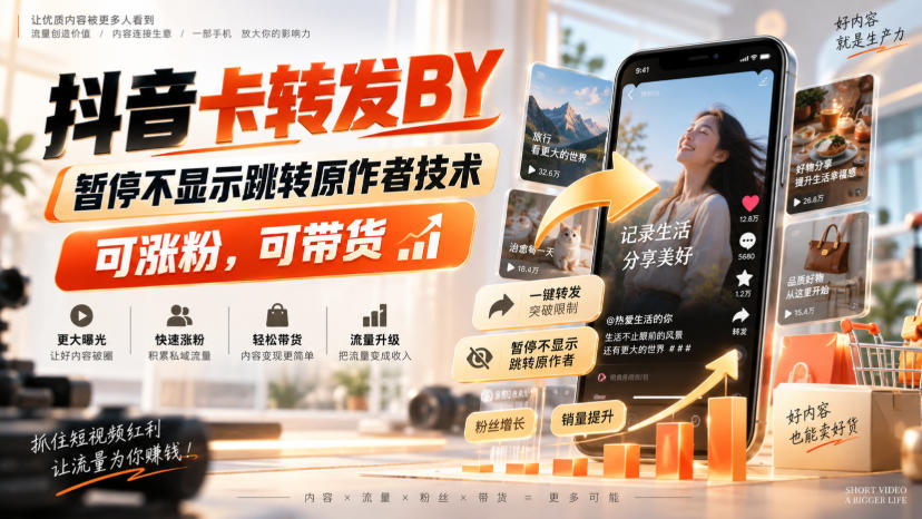 抖音卡转发搬运，暂停不显示跳转原作者技术，可涨粉，可带货|无忧资源社