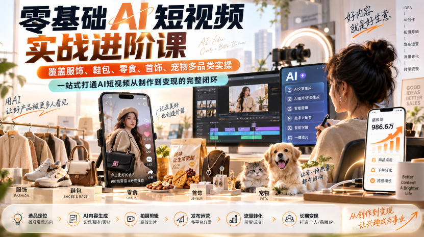 零基础AI短视频实战进阶课，覆盖服饰、鞋包、零食、首饰、宠物多品类实操，一站式打通AI短视频从制作到变现的完整闭环|无忧资源社