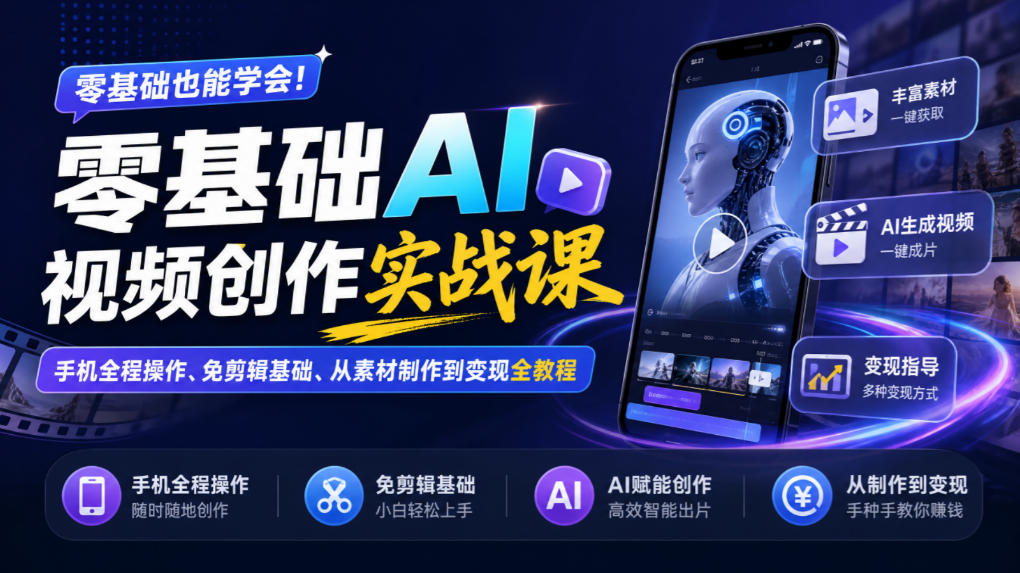零基础AI视频创作实战课｜手机全程操作、免剪辑基础、从素材制作到变现全教程​|无忧资源社