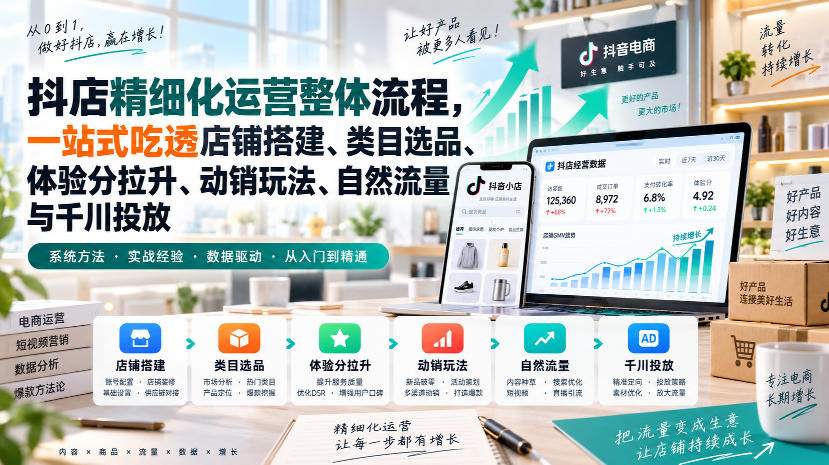 李哥电商-抖店精细化运营整体流程，一站式吃透店铺搭建、类目选品、体验分拉升、动销玩法、自然流量与千川投放|无忧资源社
