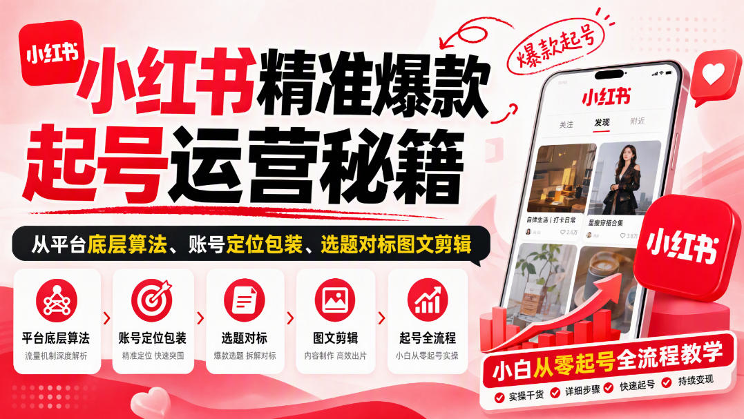 小红书精准爆款起号运营秘籍，从平台底层算法、账号定位包装、选题对标图文剪辑，小白从零起号全流程|无忧资源社