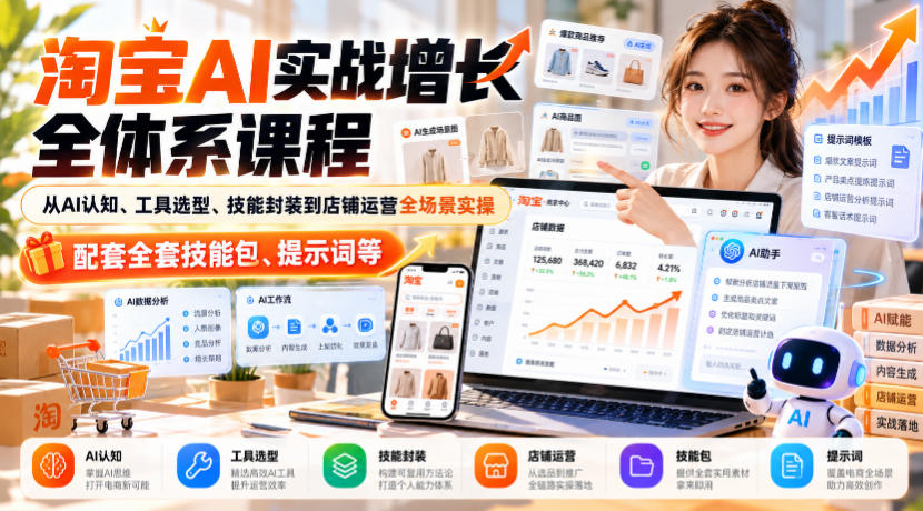 淘宝AI实战增长全体系课程，从AI认知、工具选型、技能封装到店铺运营全场景实操，配套全套技能包、提示词等|无忧资源社