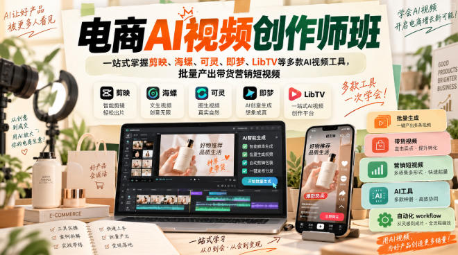 电商AI视频创作师班,一站式掌握剪映、海螺、可灵、即梦、LibTV等多款AI视频工具,批量产出带货营销短视频|无忧资源社