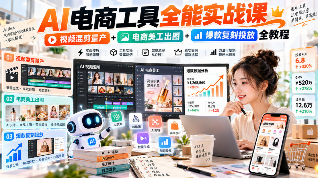 AI电商工具全能实战教学，视频混剪量产+电商美工出图+爆款复刻投放全教程​|无忧资源社