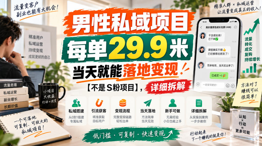 男性私域项目,每单29.9米,当天就能落地变现【不是S粉项目】,详细拆解|无忧资源社