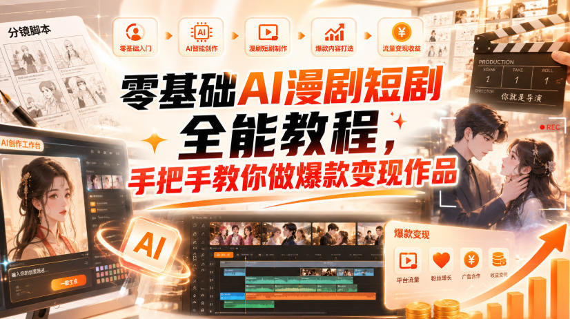 零基础AI漫剧短剧全能教程，从AI智能体搭建、文案脚本分镜、多平台AI生视频、剪映精修，覆盖全题材创作，手把手教你做爆款变现作品|无忧资源社