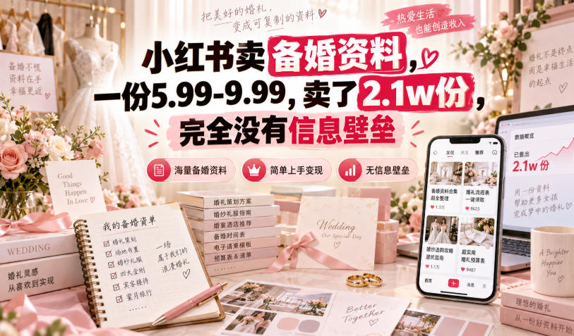 小红书卖备婚资料，一份5.99-9.99，卖了2.1w份，完全没有信息壁垒|无忧资源社