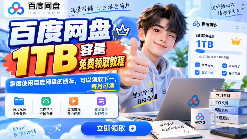 百度网盘1TB容量免费领取教程,重度使用百度网盘的朋友,可以领取下一,每月可领|无忧资源社
