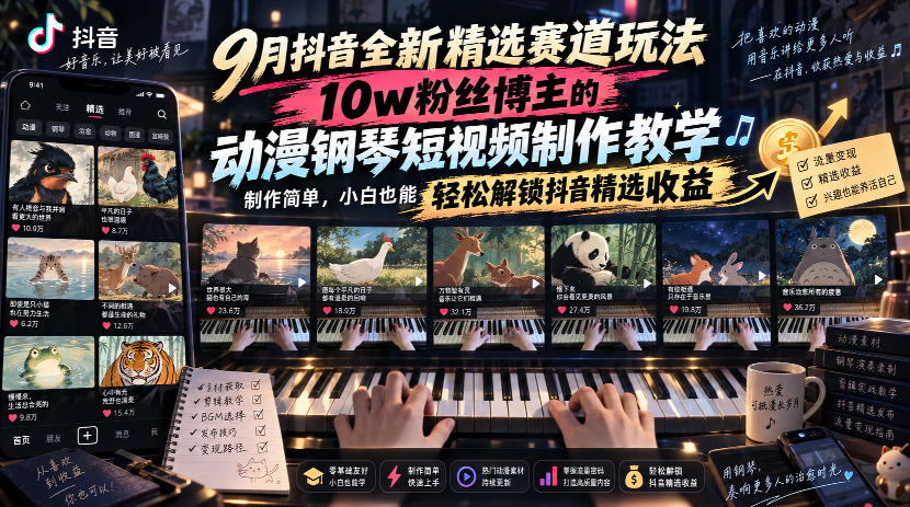 9月抖音全新精选赛道玩法，10w粉丝博主的动漫钢琴短视频制作教学，制作简单，小白也能轻松解锁抖音精选收益|无忧资源社