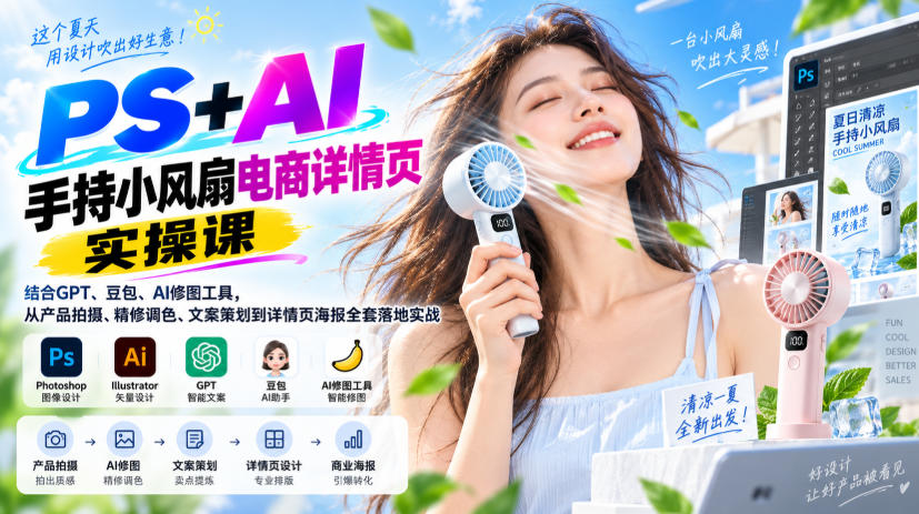 PS+AI手持小风扇电商详情页实操课｜结合GPT、豆包、AI修图工具，从产品拍摄、精修调色、文案策划到详情页海报全套落地实战|无忧资源社