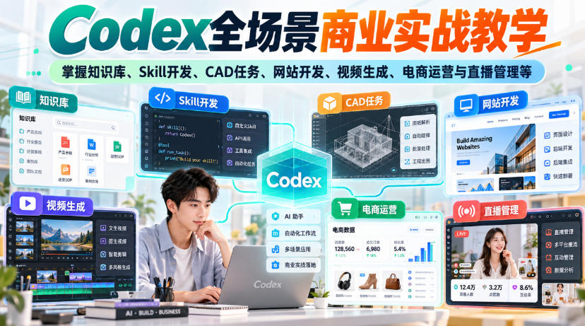 【无水印】Codex全场景商业实战教学，掌握知识库、Skill开发、CAD任务、网站开发、视频生成、电商运营与直播管理等|无忧资源社