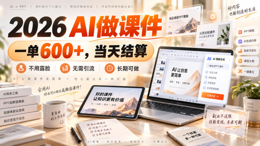 2026 AI做课件，一单600+，当天结算，不用露脸，无需引流，长期可做【揭秘】|无忧资源社