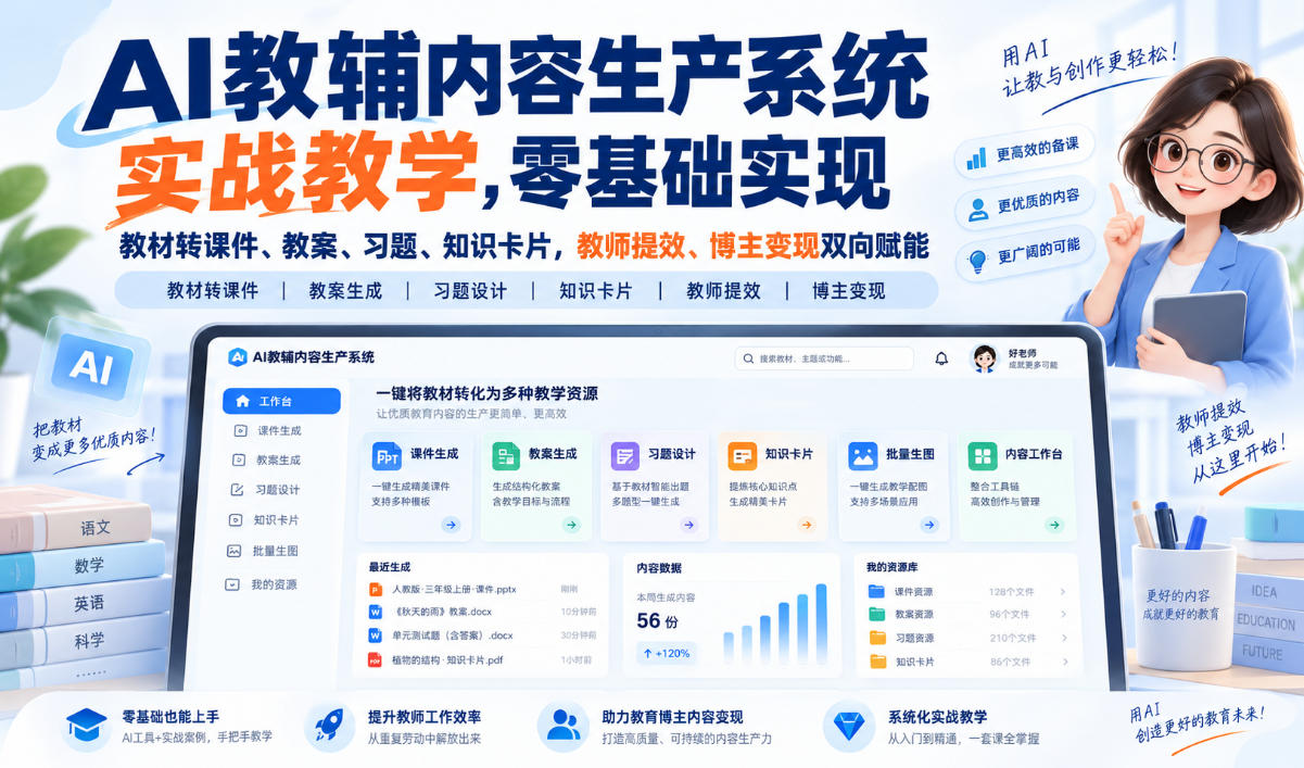 AI教辅内容生产系统实战教学，零基础实现教材转课件、教案、习题、知识卡片，教师提效、博主变现双向赋能|无忧资源社