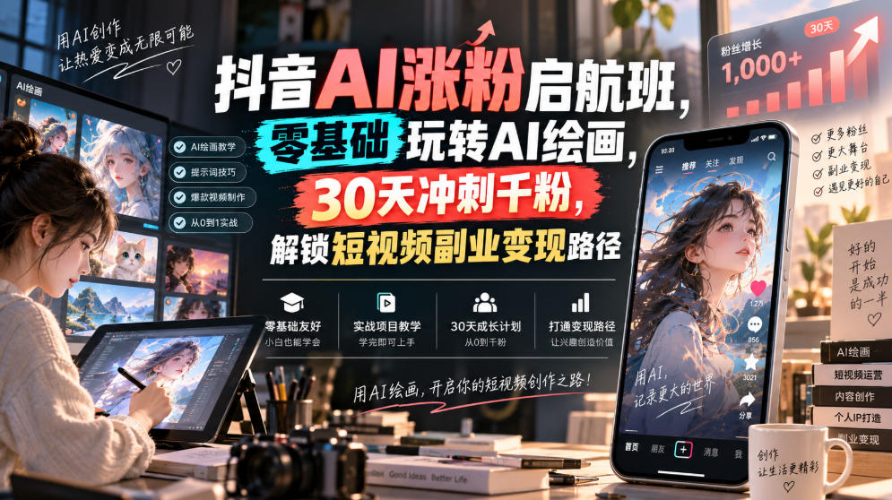 抖音AI涨粉启航班，零基础玩转AI绘画，30天冲刺千粉，解锁短视频副业变现路径|无忧资源社