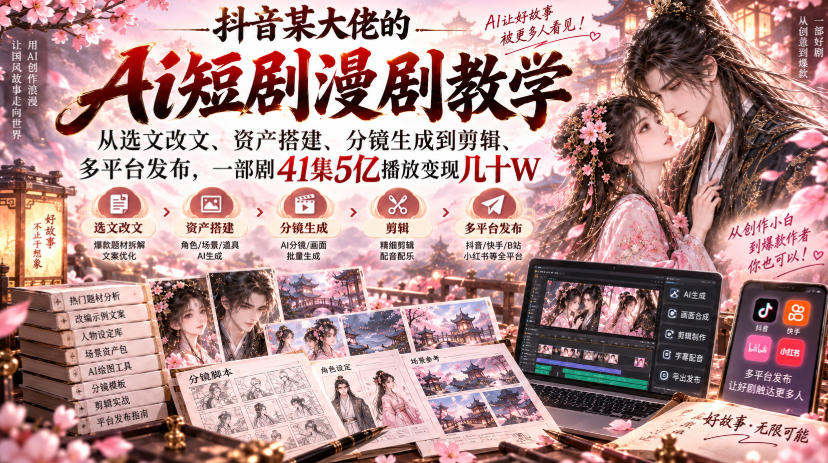 抖音某大佬的Ai短剧漫剧教学，从选文改文、资产搭建、分镜生成到剪辑、多平台发布，一部剧41集5亿播放变现几十W|无忧资源社