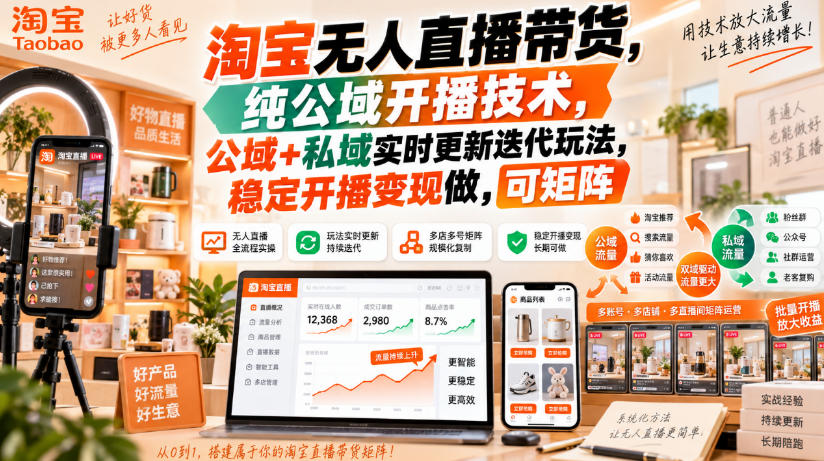 淘宝无人直播带货，纯公域开播技术，公域+私域实时更新迭代玩法，稳定开播变现做，可矩阵【揭秘】|无忧资源社