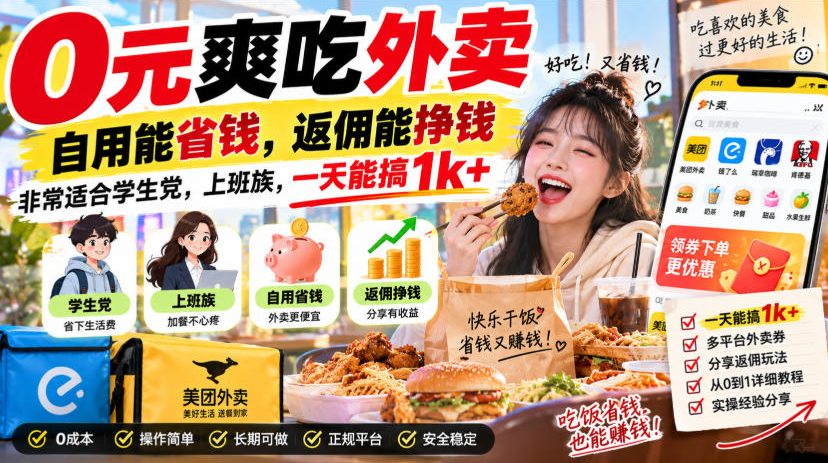 0元爽吃外卖,自用能省钱,返佣能挣钱,非常适合学生党,上班族,一天能搞1k+|无忧资源社