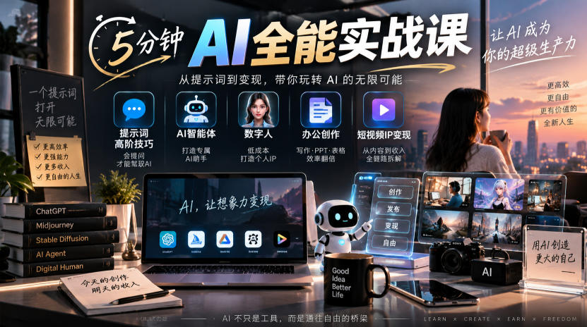 5分钟AI全能实战课｜提示词高阶技巧+AI智能体+数字人+办公创作+短视频IP变现全教程|无忧资源社