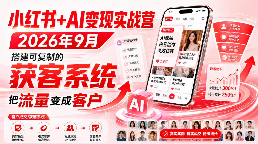 小红书+AI变现实战营2026年9月，搭建可复制的获客系统，把流量变成客户！|无忧资源社