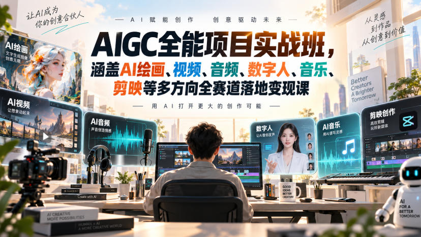 AIGC全能项目实战班，涵盖AI绘画、视频、音频、数字人、音乐、剪映等多方向全赛道落地变现课|无忧资源社