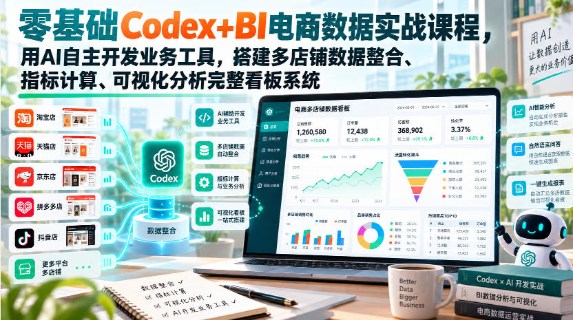 零基础Codex+BI电商数据实战课程，用AI自主开发业务工具，搭建多店铺数据整合、指标计算、可视化分析完整看板系统|无忧资源社
