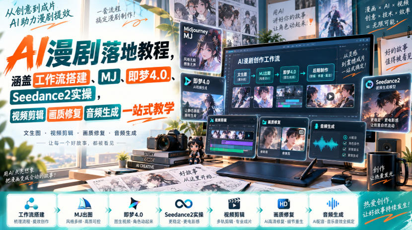 AI漫剧落地教程，涵盖工作流搭建、MJ、即梦4.0、Seedance2实操，视频剪辑画质修复音频生成一站式教学|无忧资源社