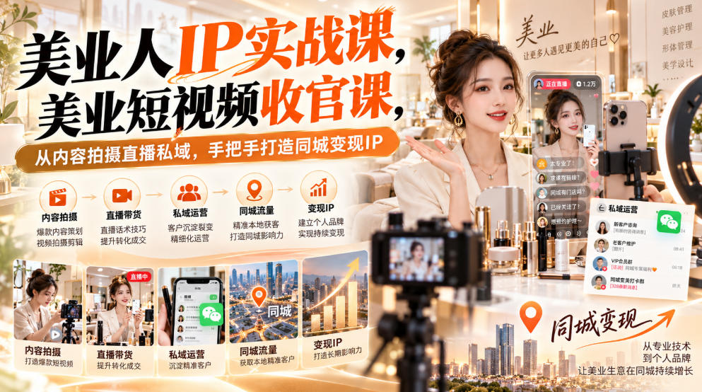 【无水印】美业人IP实战课，美业短视频收官课，从内容拍摄直播私域，手把手打造同城变现IP|无忧资源社