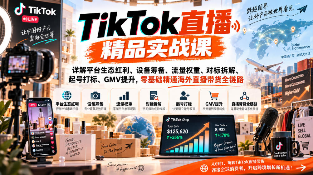 TikTok直播精品实战课,详解平台生态红利、设备筹备、流量权重、对标拆解、起号打标、GMV提升,零基础精通海外直播带货全链路|无忧资源社